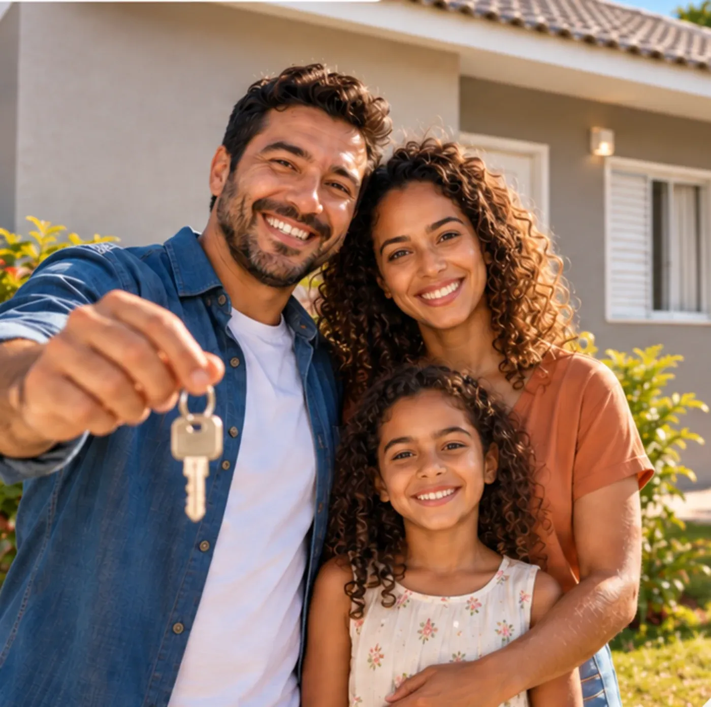 Família em frente à nova casa